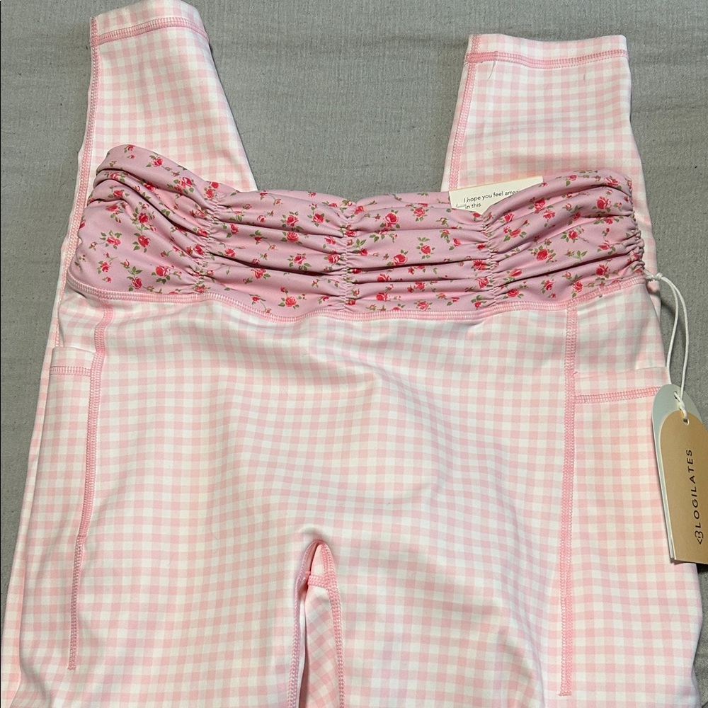 Blogilates Pink Gingham Leggings with Floral Ruched Waistband - Picture 9 of 9